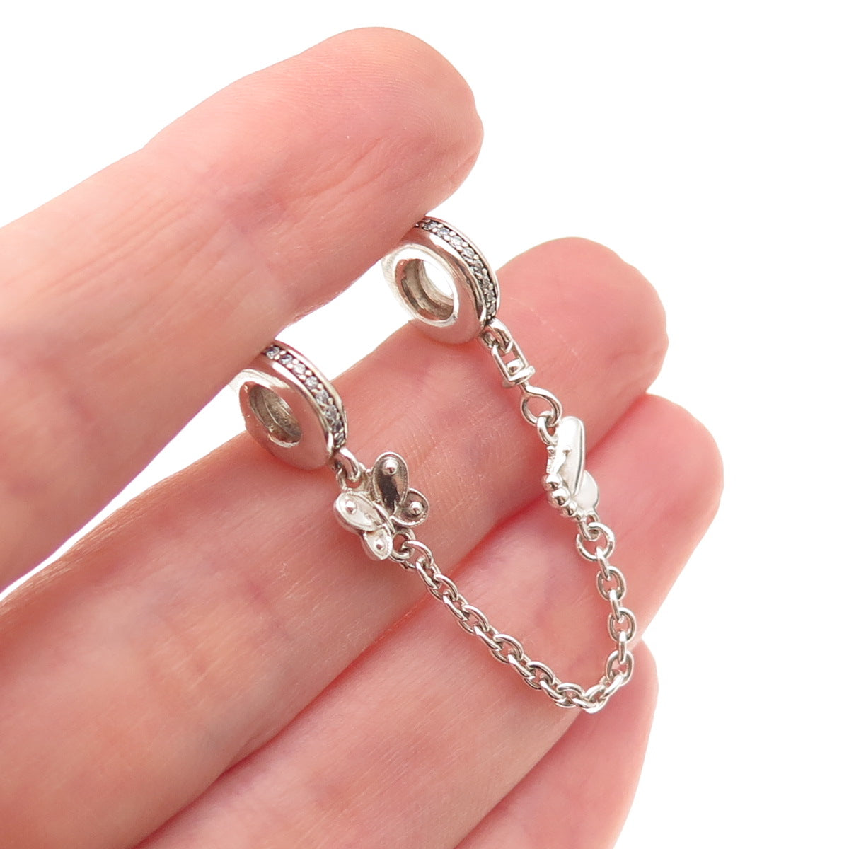 Pandora 925 Sterling Silver C Z Decorative Butterflies Safety Chain Charm