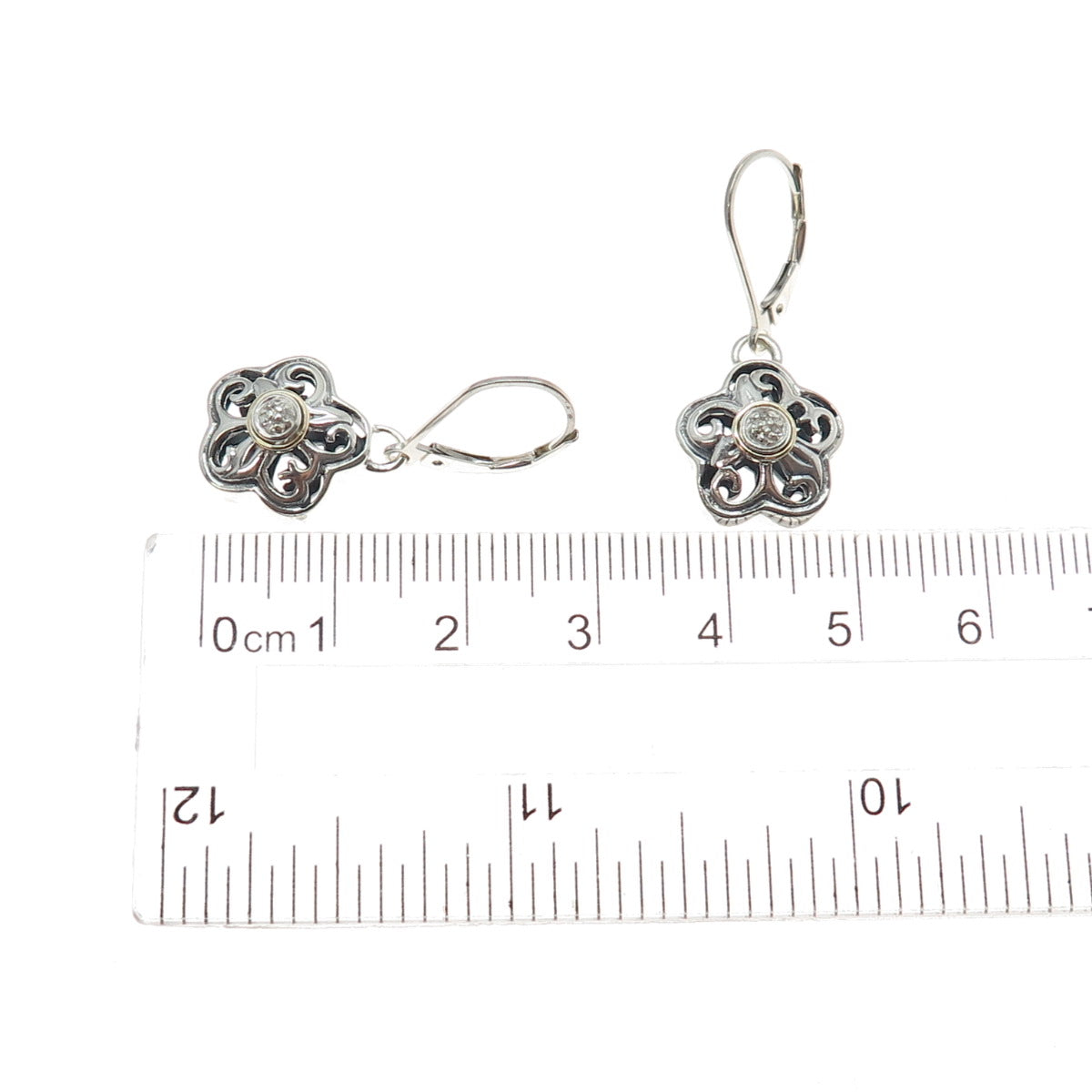 925 Sterling Silver 14K Gold Real Round-Cut Diamond Flower Dangle Earrings