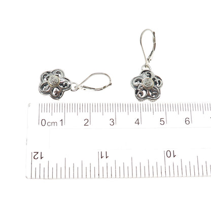 925 Sterling Silver 14K Gold Real Round-Cut Diamond Flower Dangle Earrings