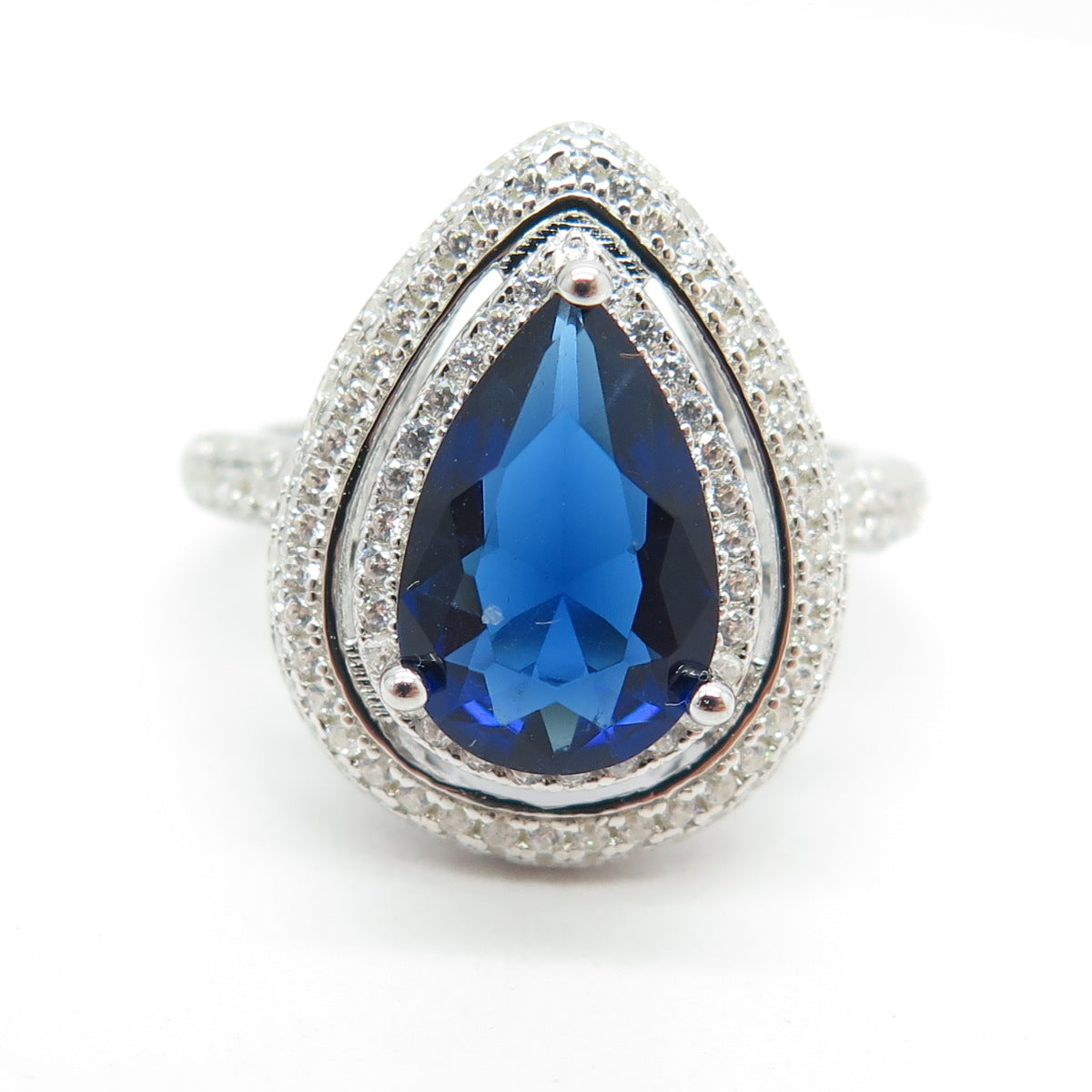 925 Sterling Silver Pear & Round-Cut Blue White C Z Ring Size 8