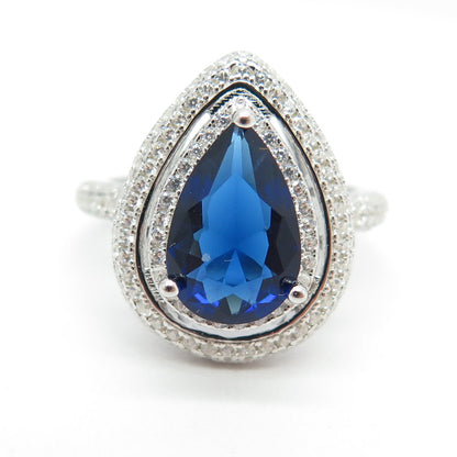 925 Sterling Silver Pear & Round-Cut Blue White C Z Ring Size 8