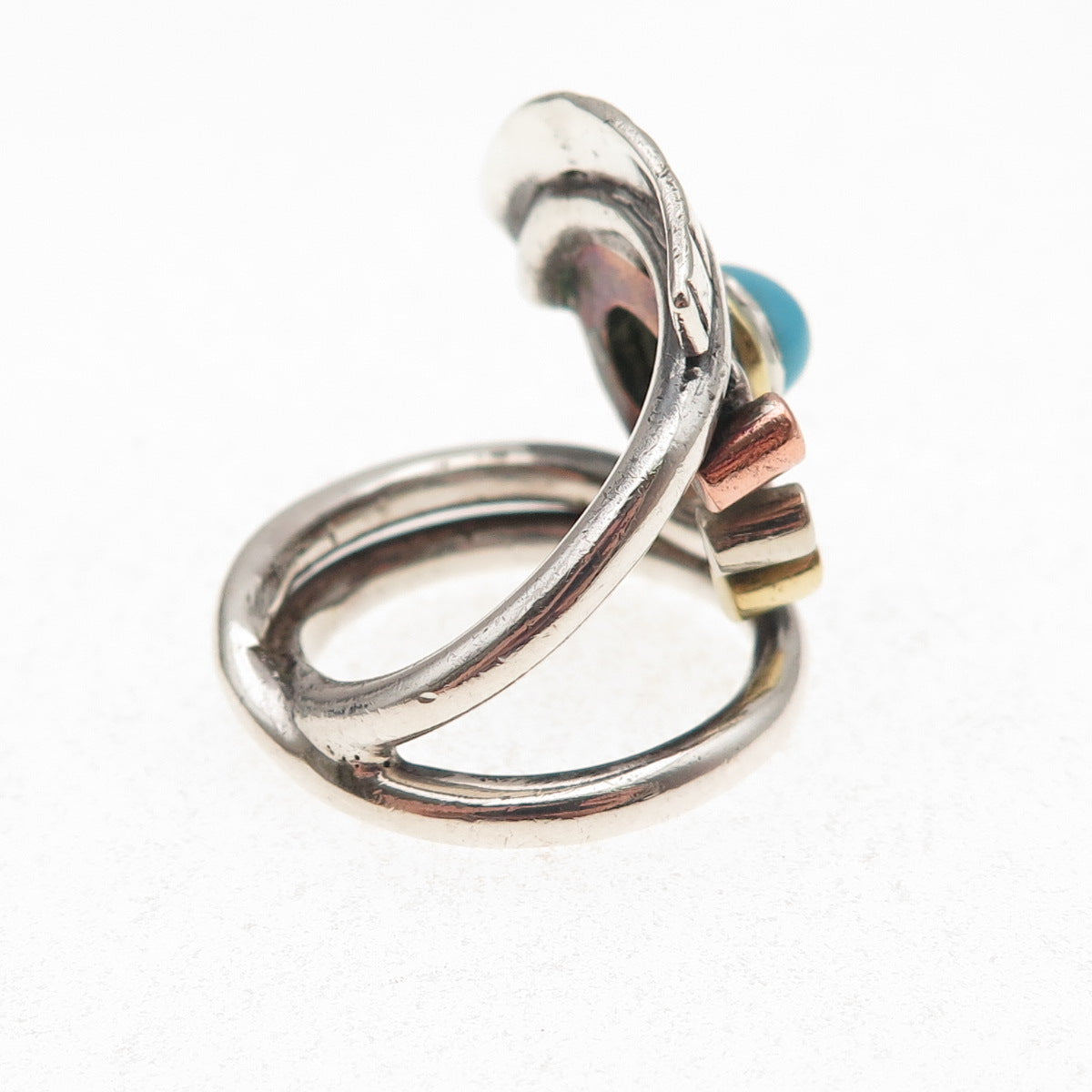 925 Sterling Silver 3-Tone Vintage Real Turquoise Modernist Eye Ring Size 6.75