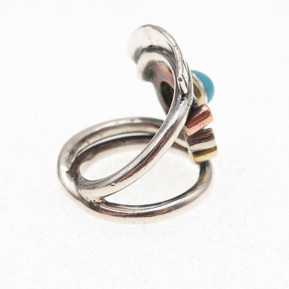 925 Sterling Silver 3-Tone Vintage Real Turquoise Modernist Eye Ring Size 6.75