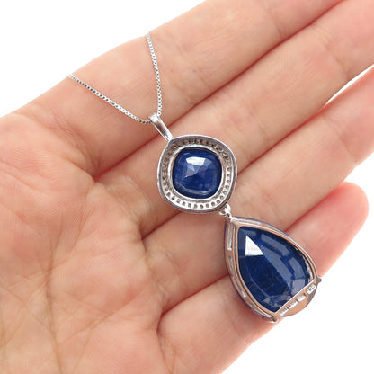 925 Sterling Silver Real Diamond & Sapphire Teardrop Box Chain Necklace 18"