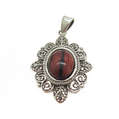 925 Sterling Silver Vintage Real Picture Jasper Gemstone Ornate Frame Pendant