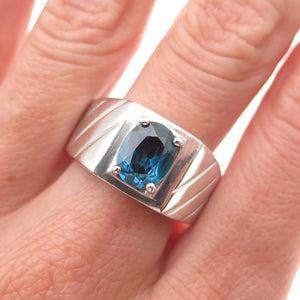 925 Sterling Silver Vintage Real Oval-Cut London Blue Topaz Ring Size 11