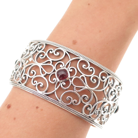 925 Sterling Silver Vintage Real Red Garnet Floral Adjustable Bracelet 7.25"