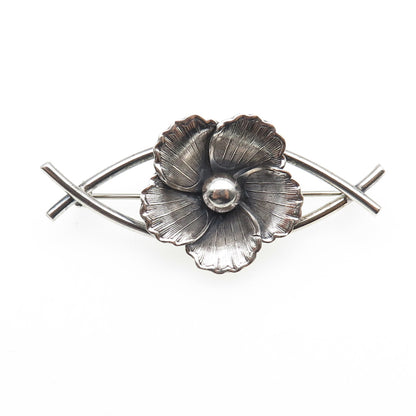 BEAU 925 Sterling Silver Antique Art Deco Flower Blossom Oxidized Pin Brooch