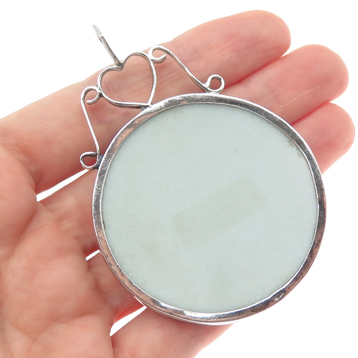 925 Sterling Silver Vintage Modernist Ceramic Flower & Heart Large Pendant