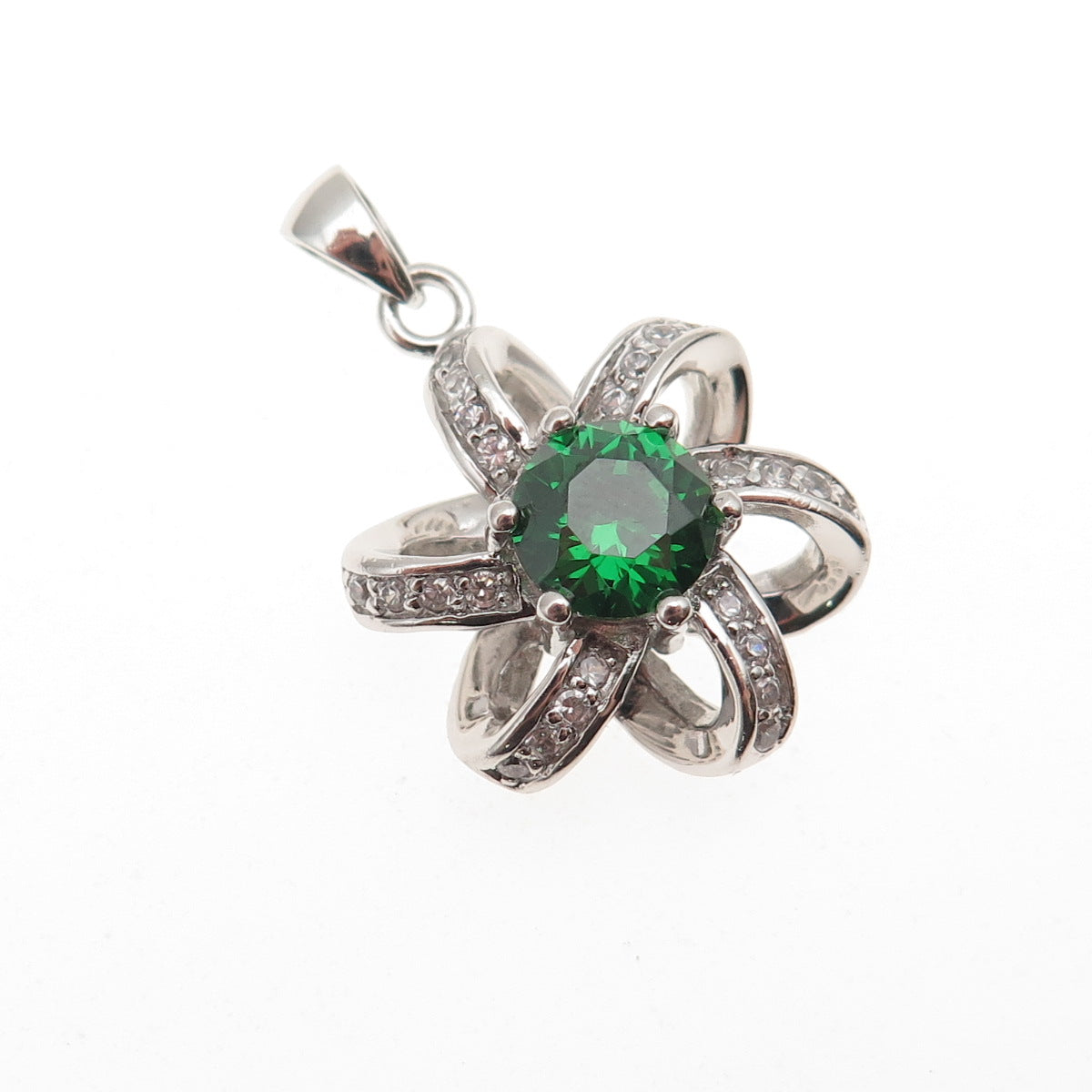 925 Sterling Silver Round-Cut Green & White C Z Floral Charm Pendant