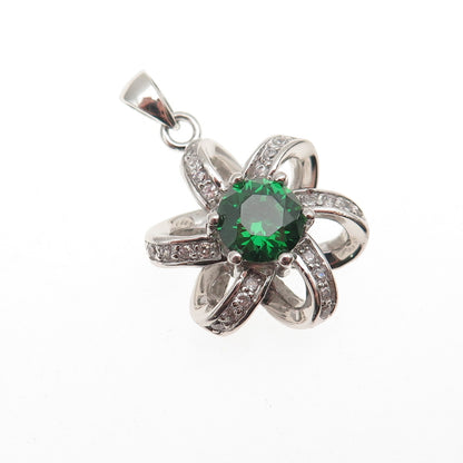 925 Sterling Silver Round-Cut Green & White C Z Floral Charm Pendant