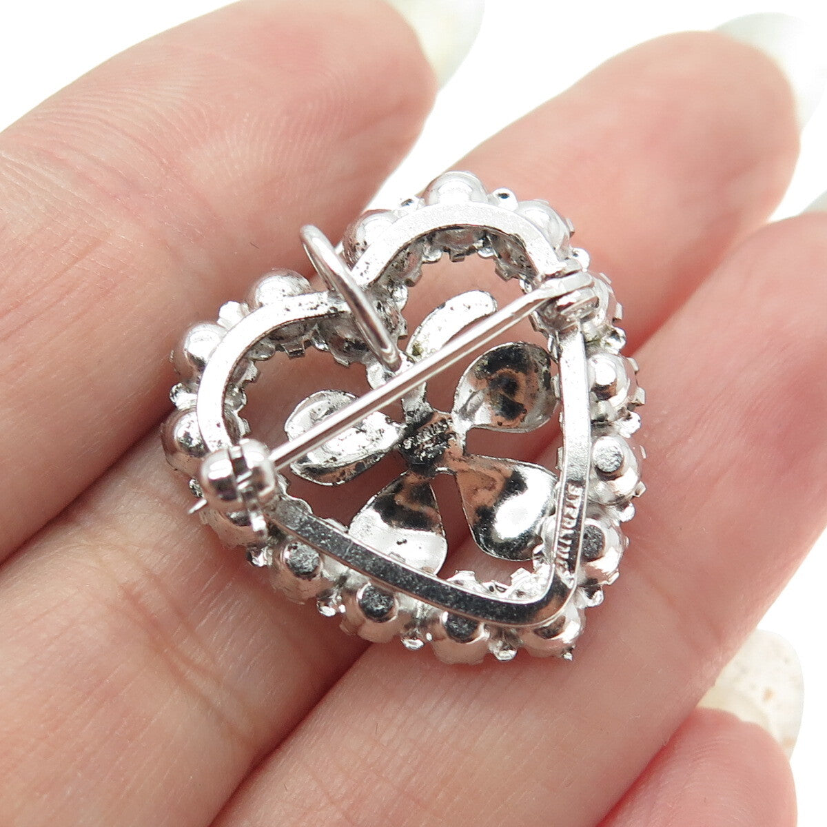 925 Sterling Silver Antique Art Deco Rhinestone Clover For Good Luck Brooch