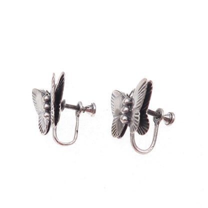 925 Sterling Silver Antique Art Deco Butterfly Repousse Screw Back Earrings