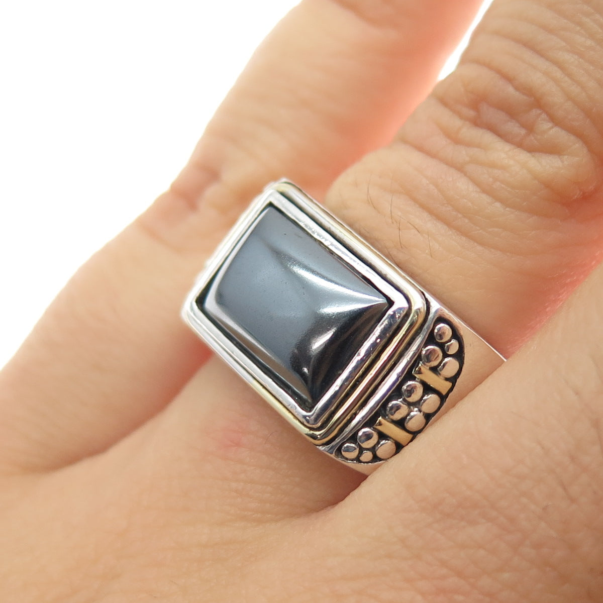 925 Sterling Silver 14K Gold Vintage Real Hematite Granulated Ring Size 7