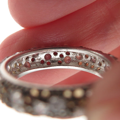 925 Sterling Silver Real Round-Cut Smoky Quartz & C Z Band Ring Size 6
