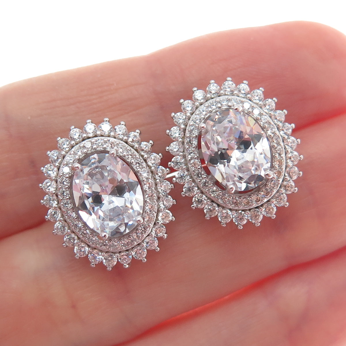925 Sterling Silver Oval & Round-Cut C Z Sparkle Stud Earrings