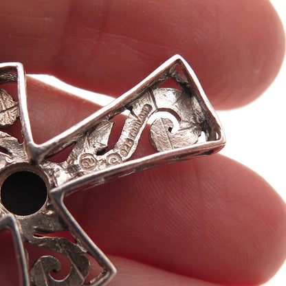 925 Sterling Silver Vintage Real Black Onyx Spiral Cross Charm Pendant