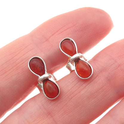 925 Sterling Silver Vintage Real Amber Modernist Bow Stud Earrings