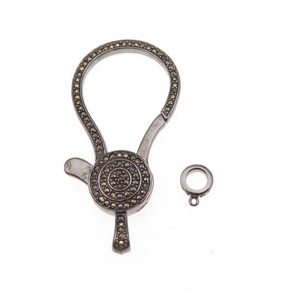 Luv Tia 925 Sterling Silver Black Rhodium Real Marcasite Carabiner Lobster Clasp