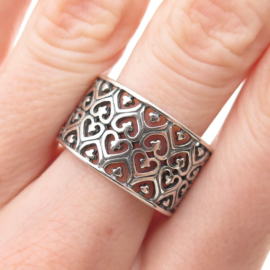 925 Sterling Silver Vintage Heart & Cross Oxidized Wide Band Ring Size 10.5