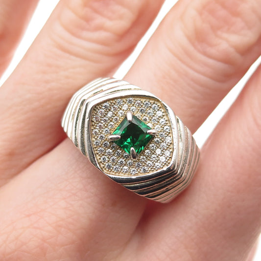 925 Sterling Silver Real Chrome Diopside & C Z Ribbed Ring Size 9.25