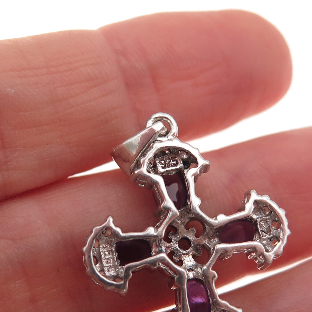 925 Sterling Silver Vintage Real Amethyst & C Z Cross Charm Pendant