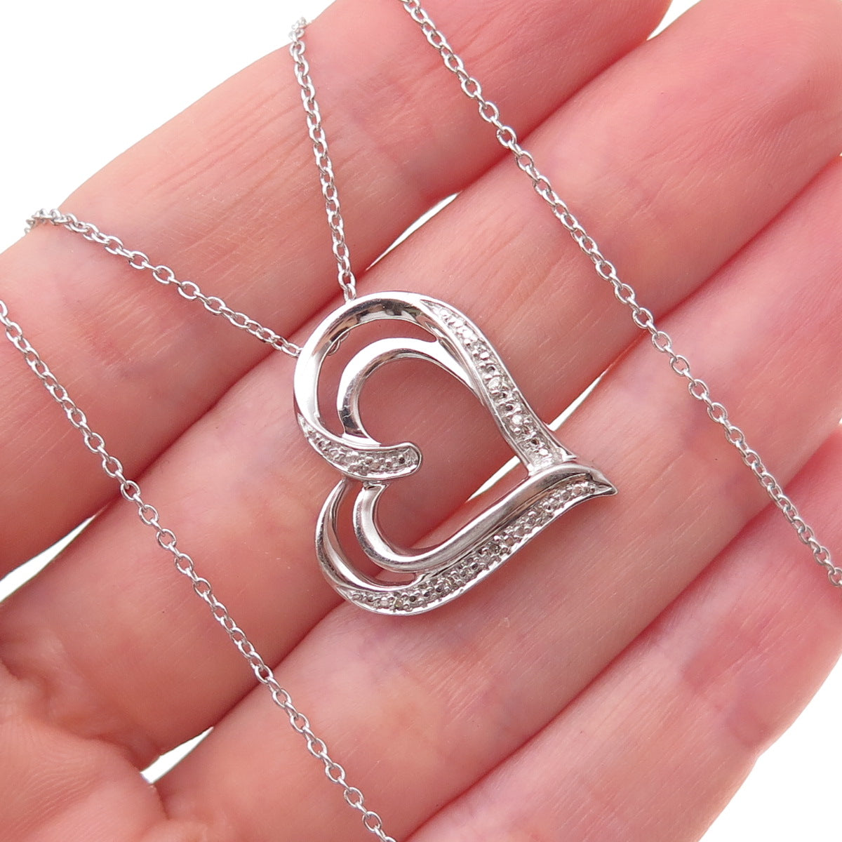 925 Sterling Silver Real Round-Cut Diamond Heart Cable Chain Necklace 18"