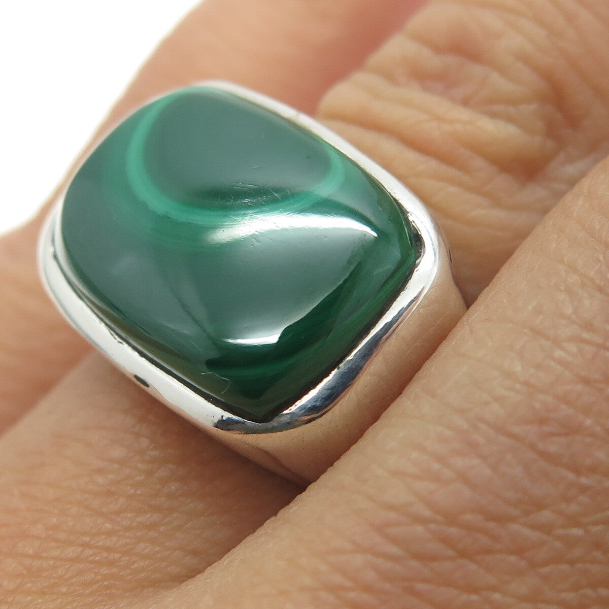 925 Sterling Silver Vintage Real Cabochon Malachite Ring Size 6.75