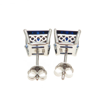 925 Sterling Silver Princess-Cut Blue C Z Stud Earrings