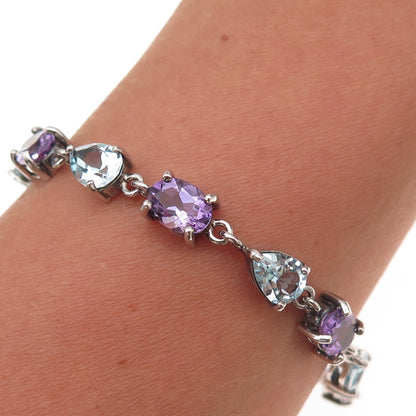 925 Sterling Silver Vintage Real Blue Topaz & Amethyst Bracelet 7.25"