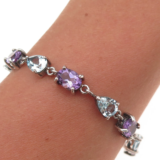925 Sterling Silver Vintage Real Blue Topaz & Amethyst Bracelet 7.25"