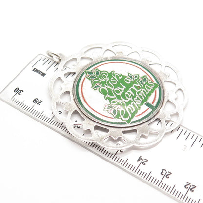 925 Sterling Silver Vintage Lunt 1981 Enamel Wish You A Merry Christmas Pendant