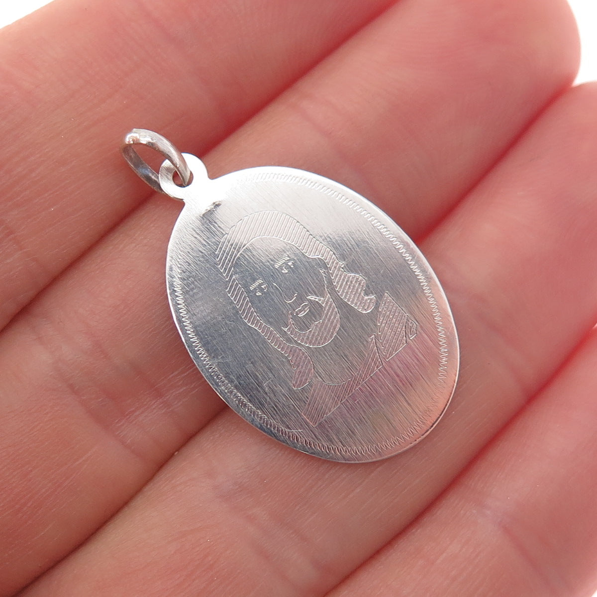 925 Sterling Silver Vintage Engraved Jesus Oval Tag Charm Pendant