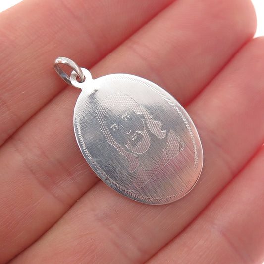 925 Sterling Silver Vintage Engraved Jesus Oval Tag Charm Pendant