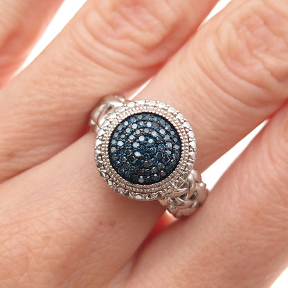 J. Stella 925 Sterling Silver Real Round-Cut Blue Diamond Woven Ring Size 7.25
