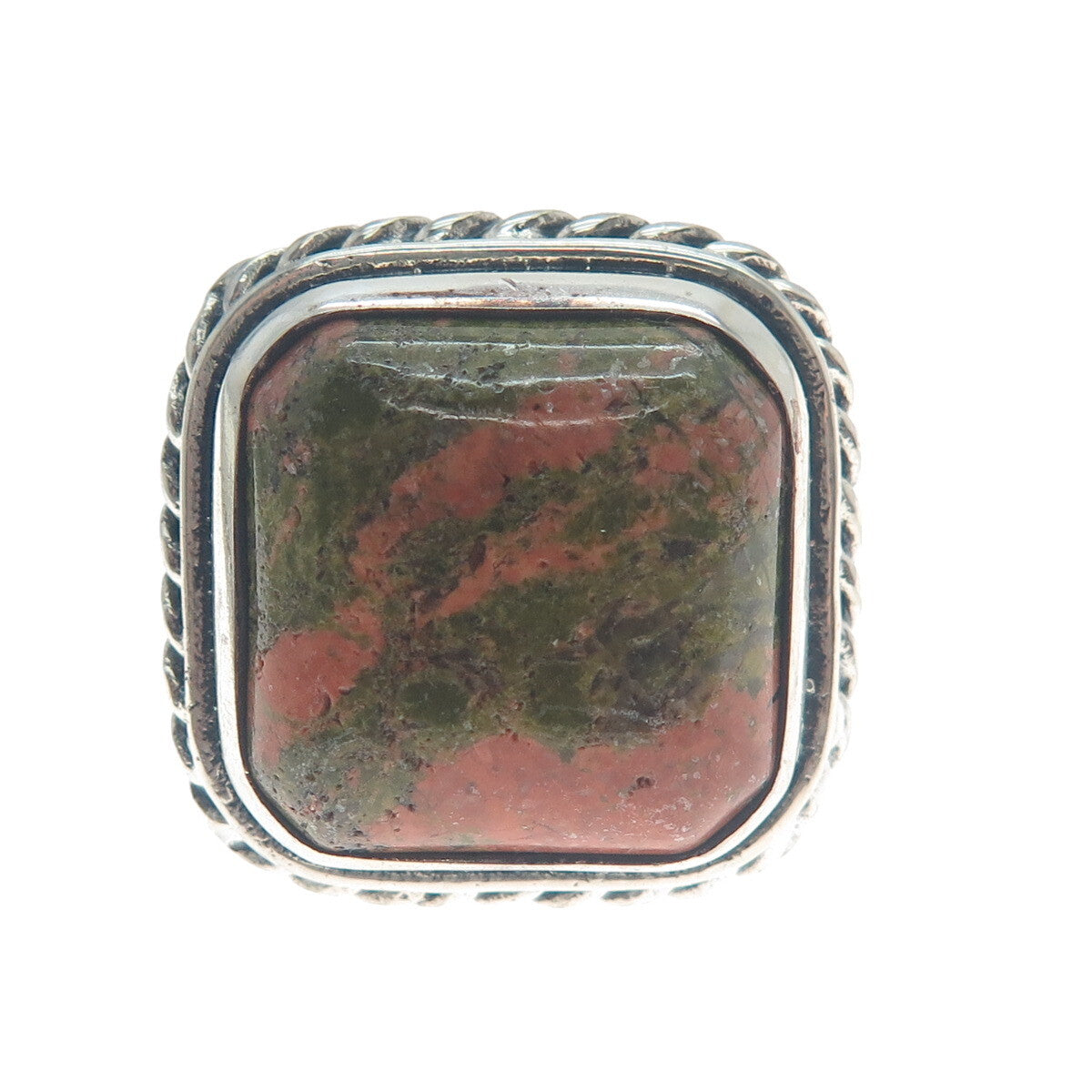 925 Sterling Silver Vintage Real Cushion-Cut Unakite Roped Ring Size 8.25