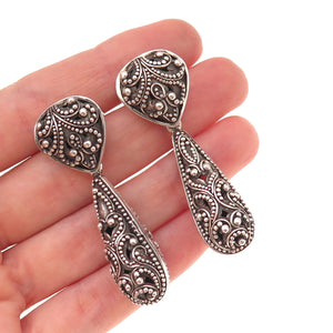 Lois Hill 925 Sterling Silver Vintage Granulated Scroll Teardrop Dangle Earrings
