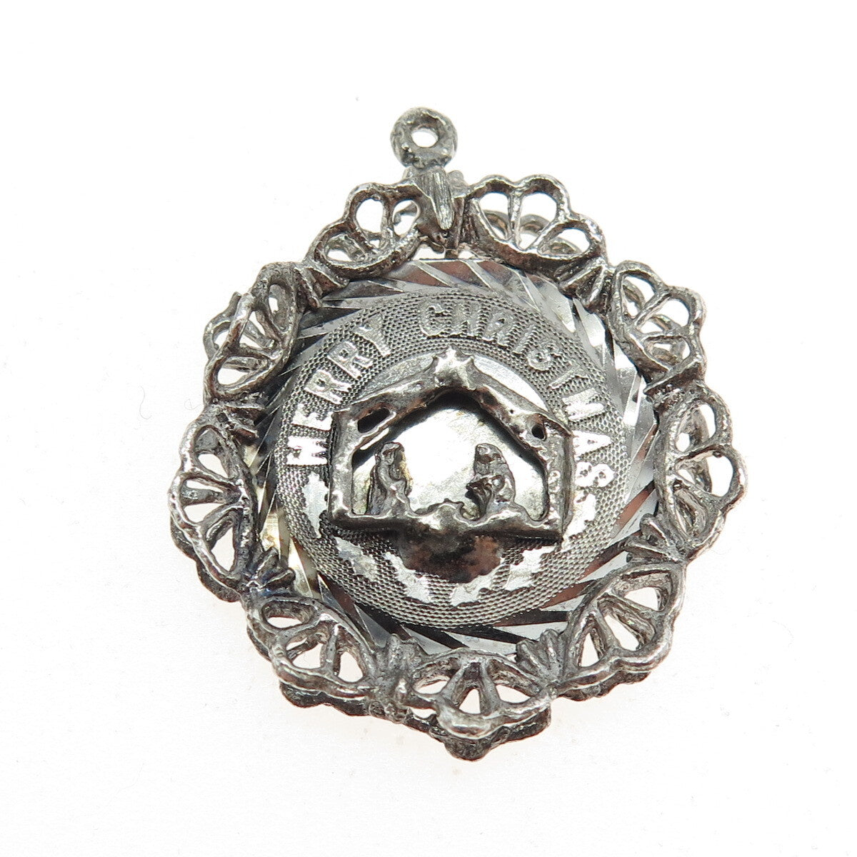925 Sterling Silver Vintage Nativity Scene Merry Christmas Religious Pendant