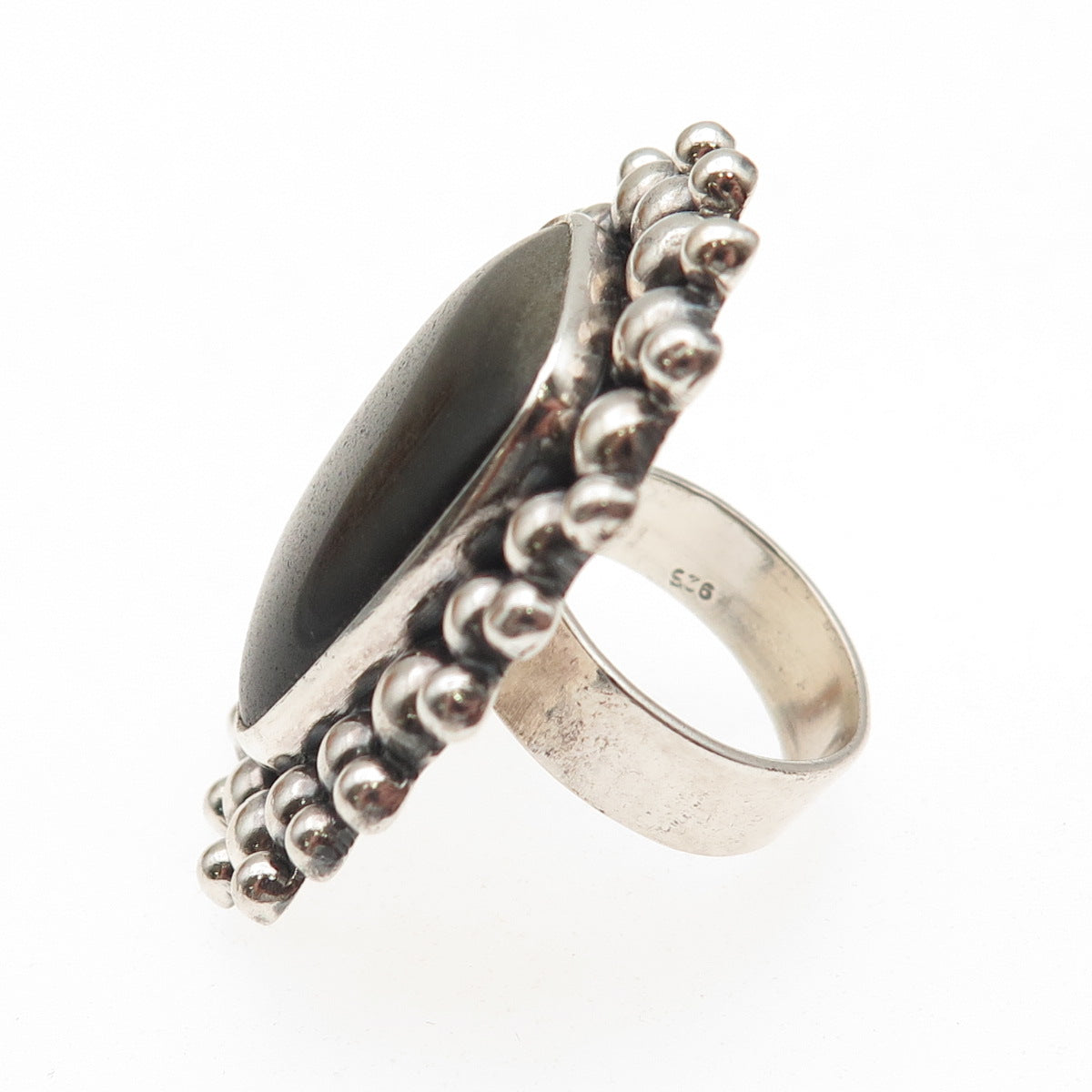 925 Sterling Silver Vintage Real Obsidian Beaded Adjustable Ring Size 7