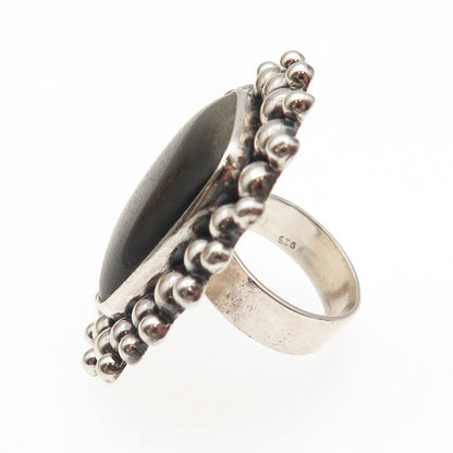 925 Sterling Silver Vintage Real Obsidian Beaded Adjustable Ring Size 7