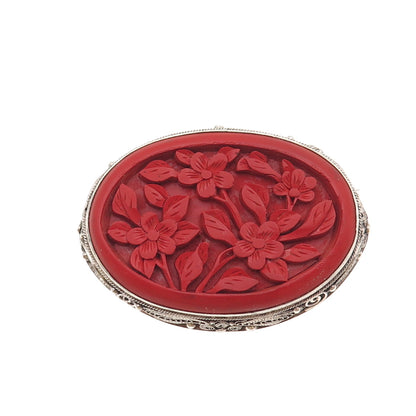925 Sterling Antique China Export Cinnabar Floral Pin Brooch (missing lock hook)