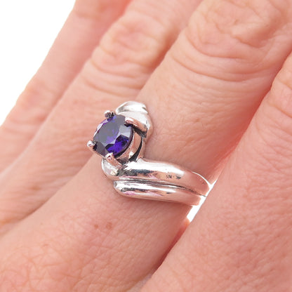 925 Sterling Silver Vintage Purple C Z Modernist Bypass Oxidized Ring Size 6.5