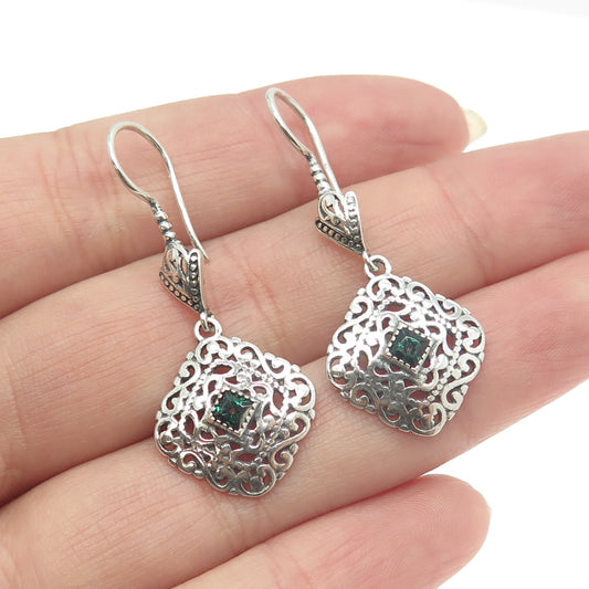 BERIA 925 Sterling Silver Green Rhinestone Ornate Square Dangling Earrings