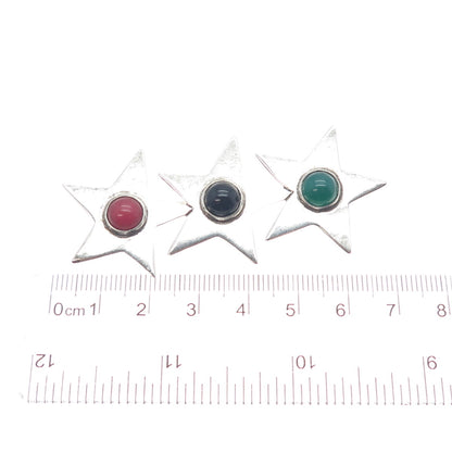 925 Sterling Silver Vintage Mexico Real Black Green & Red Onyx Star Pin Brooch
