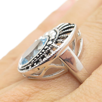 925 Sterling Silver Real Oval-Cut Blue Topaz Sunrise Oxidized Ring Size 7
