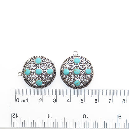 925 Sterling Silver Vintage Real Lone Mountain Turquoise Ornate Jacket Earrings
