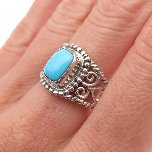 925 Sterling Silver Vintage Real Turquoise Ornate Oxidized Ring Size 8.25