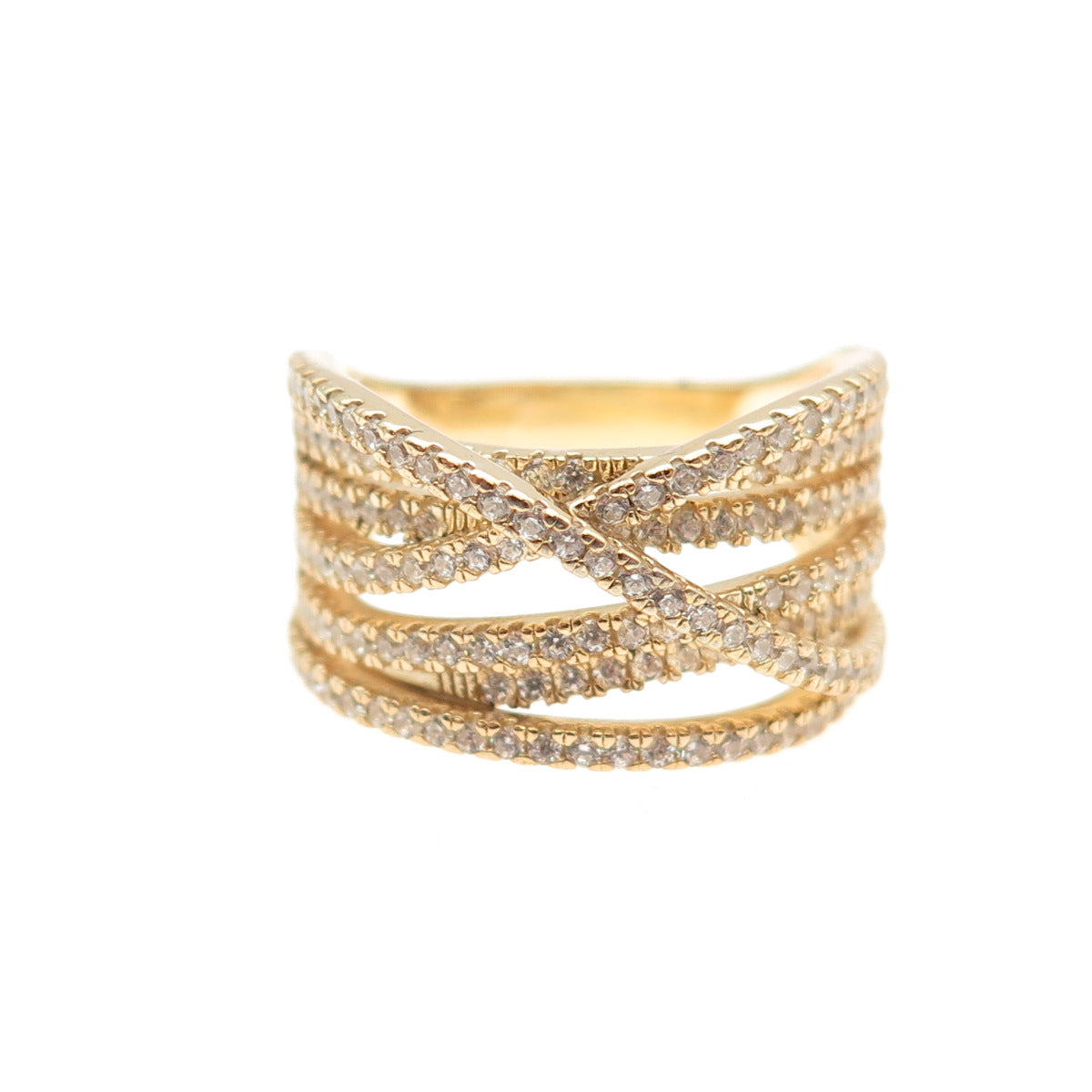 925 Sterling Silver Gold Plated Round-Cut C Z Crisscross Ring Size 6.25