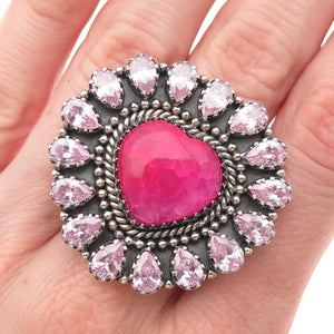 925 Sterling Silver Vintage Real Pink Agate & C Z Heart Adjustable Ring Size 9