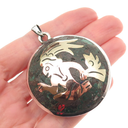 925 Sterling Silver 3-Tone Vintage Mexico Real Chrysocolla Aztec Warrior Pendant
